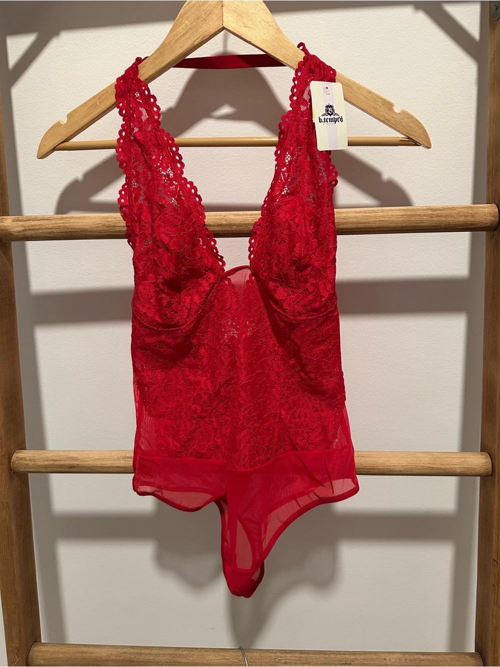B Tempted - Red Lace Plunge Bodysuit